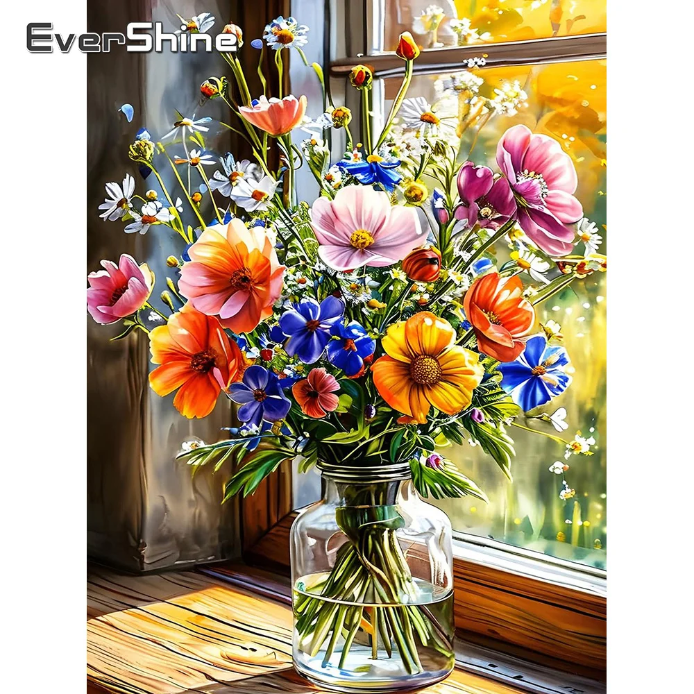 Evershine Vollquadratisches, rundes Diamantgemälde, Blumenfensterbild, Strass-Stickerei, Vase, DIY-Mosaik, Hausdekoration für Zuhause