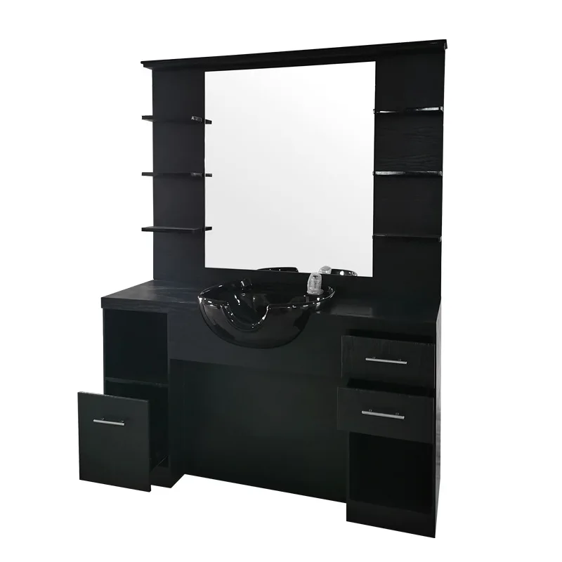 High Quality Hairdressing Salon Wooden Mirror table Hair Salon Styling Station With Hair Washing Basin