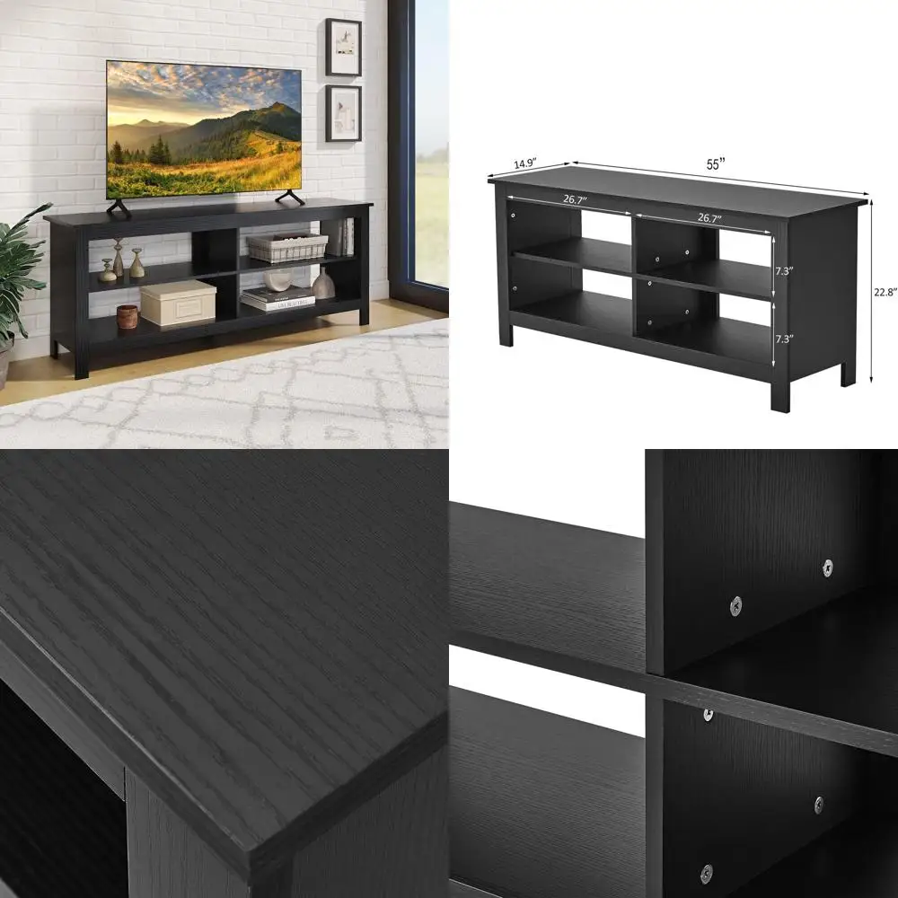 

Черная подставка для телевизора 55–65 дюймов с 4 открытыми полками, развлекательный центр для гостиной, медиаконсольный шкаф