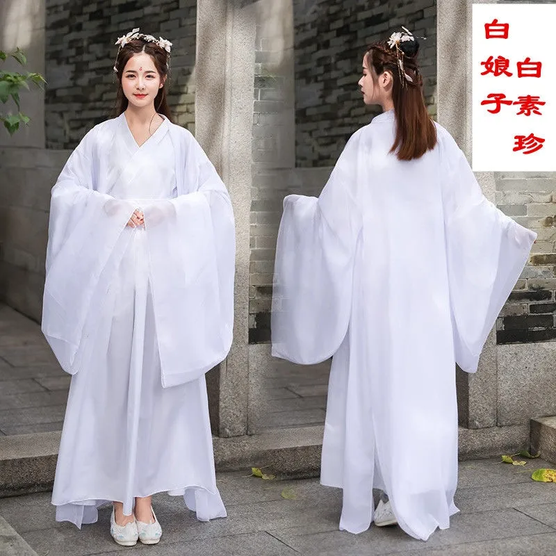 

Women Chinese Traditional White Cross-collar Hanfu Wide-sleeved Princess Folk Dance Performance Cosplay Costume Outfit