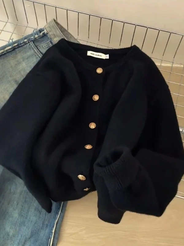 

Large Size Women's Knitwear Jacket Black Artistic Commute Design Gold Button Casual Loose Fit Long Sleeve Winter Coat