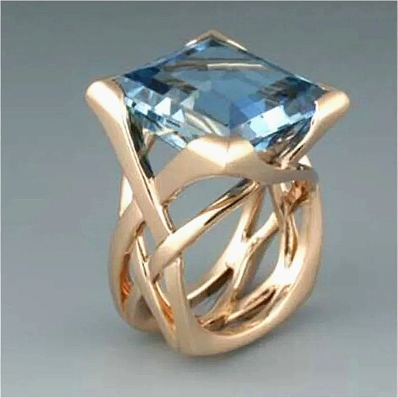 Anello Scintillante Con Cubo Incastonato In Zirconia Sintetica Blu, Gioiello Versatile Ed Elegante Per Banchetti Femminili
