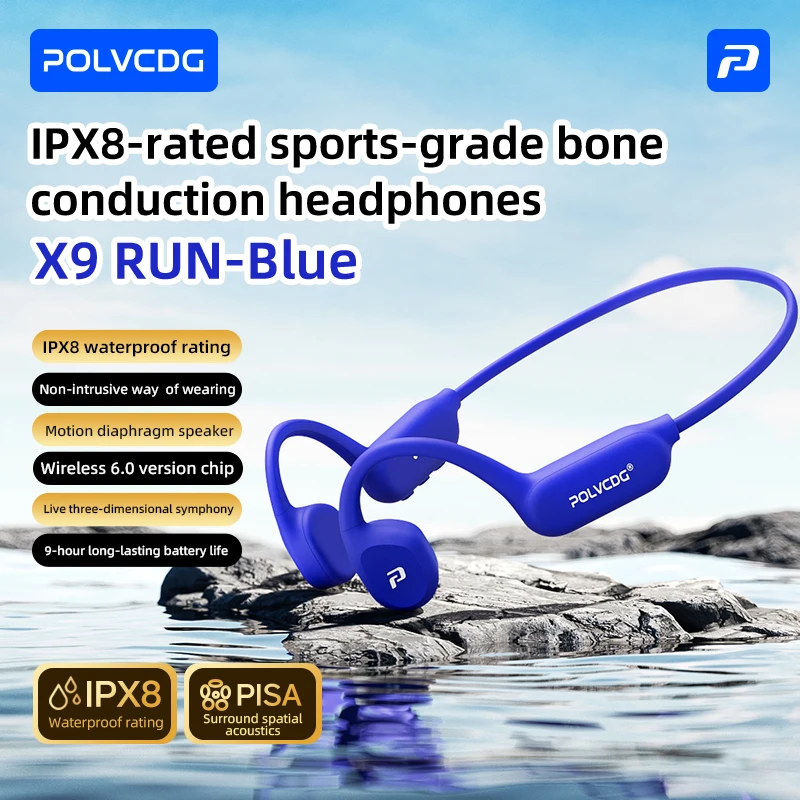 POLVCDG Beengeleidings-hoofdtelefoon IPX8 Waterdichte Bluetooth 6.0 Open-Backed hardloophoofdtelefoon 2026 Nieuw product X9 RUN