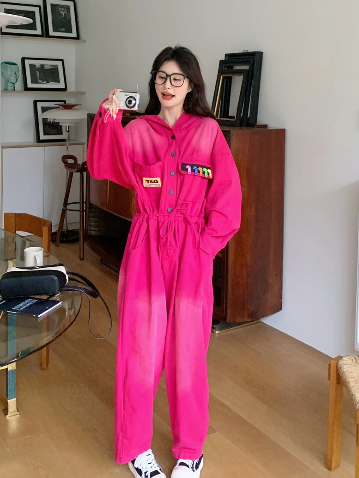 

Розовый комбинезон-карго, женский джинсовый комбинезон с высокой талией и широкими штанинами, весенне-осенний корейский утягивающий цельный костюм