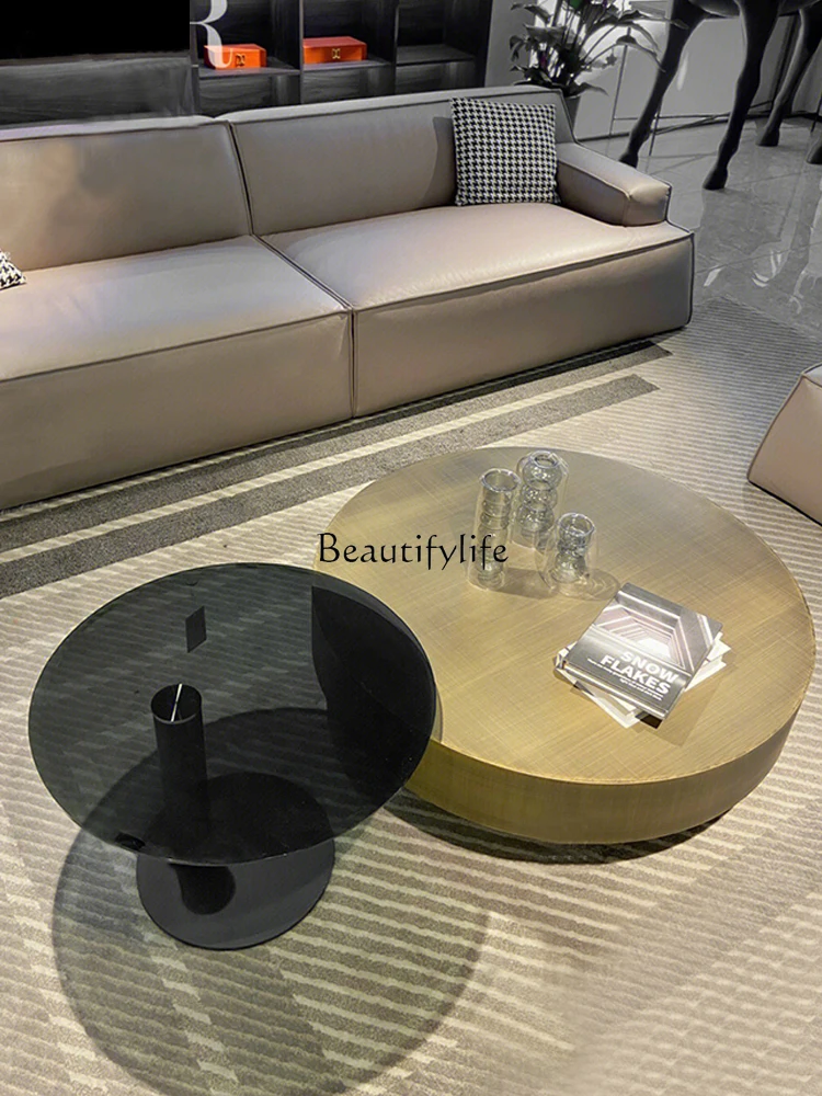 

Italian light luxury minimalist tempered glass stainless steel small apartment creative coffee table