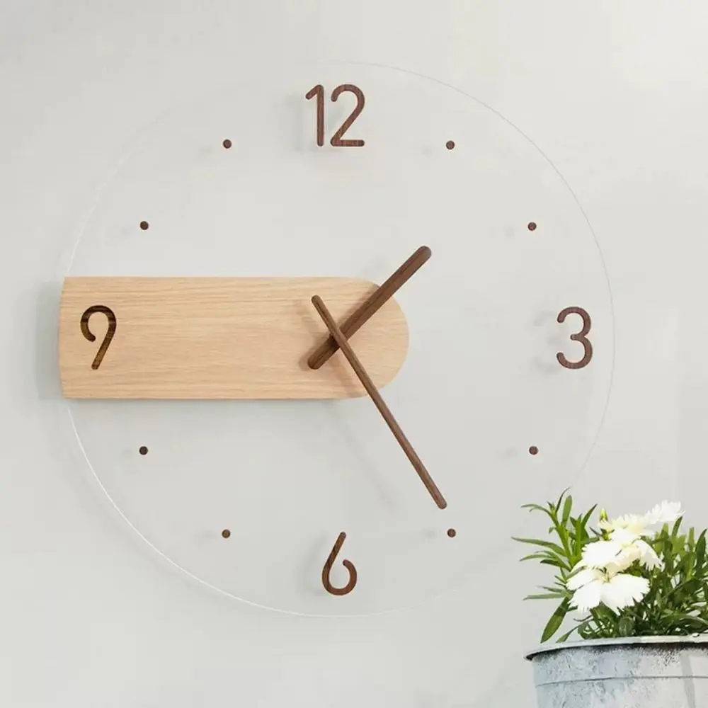 Silent Transparent Wall Clock Easy to Read Punch Free Wooden 3D Hanging Clock 16inch Solid Wood Art Wall Watch Home Decor