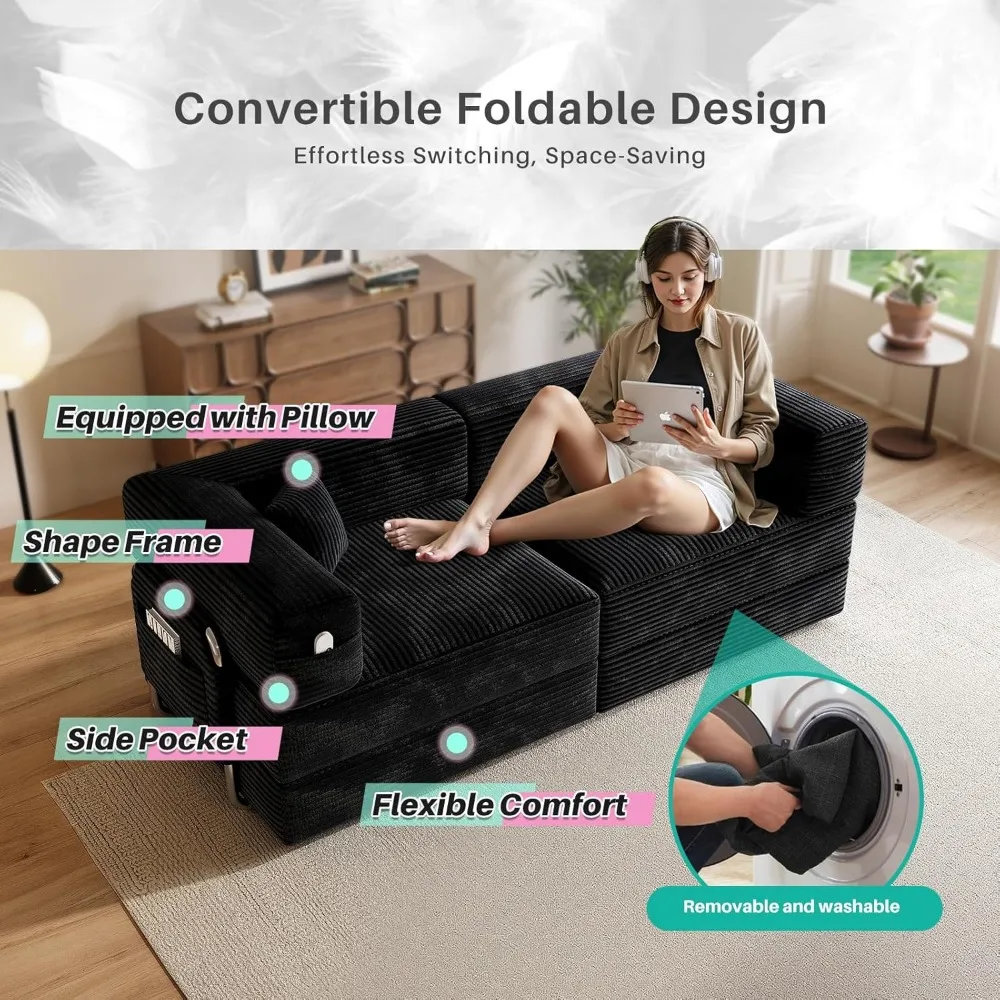 أريكة سرير قابلة للتحويل، سروال قصير على الأرض، مرتبة قابلة للطي بمقعد الحب مع إطار ثابت ووسائد مريحة #6