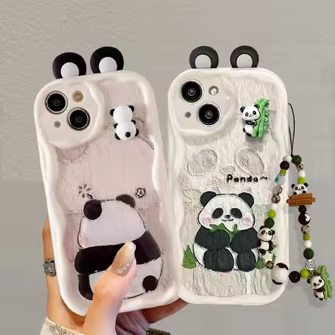 Case For Xiaomi 11 Lite 14 15 POCO X7 M6 X6 Pro X3 NFC F3 cover Cute Bracelet Chain Cartoon 3D Panda Ears Wave Side