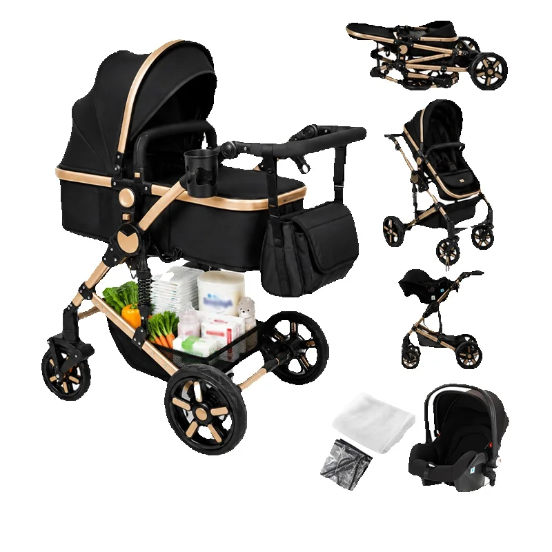 Luxuriöser 3-in-1 Reise-Kinderwagen für Neugeborene, Hochwertiger Klappbarer Aluminiumrahmen, Sanfte Federung, Mehrfach Verstellbare Liegeposition, Großer Staukorb, Outdoor-Babywagen mit 6
