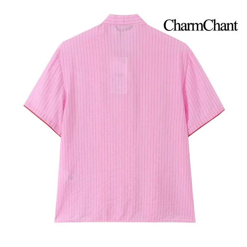 CHARMCHANT Women's Striped Bow Tie Neck Blouse Asymmetric Short Sleeve Stand Collar Shirt Casual Office Vacation Summer 2026