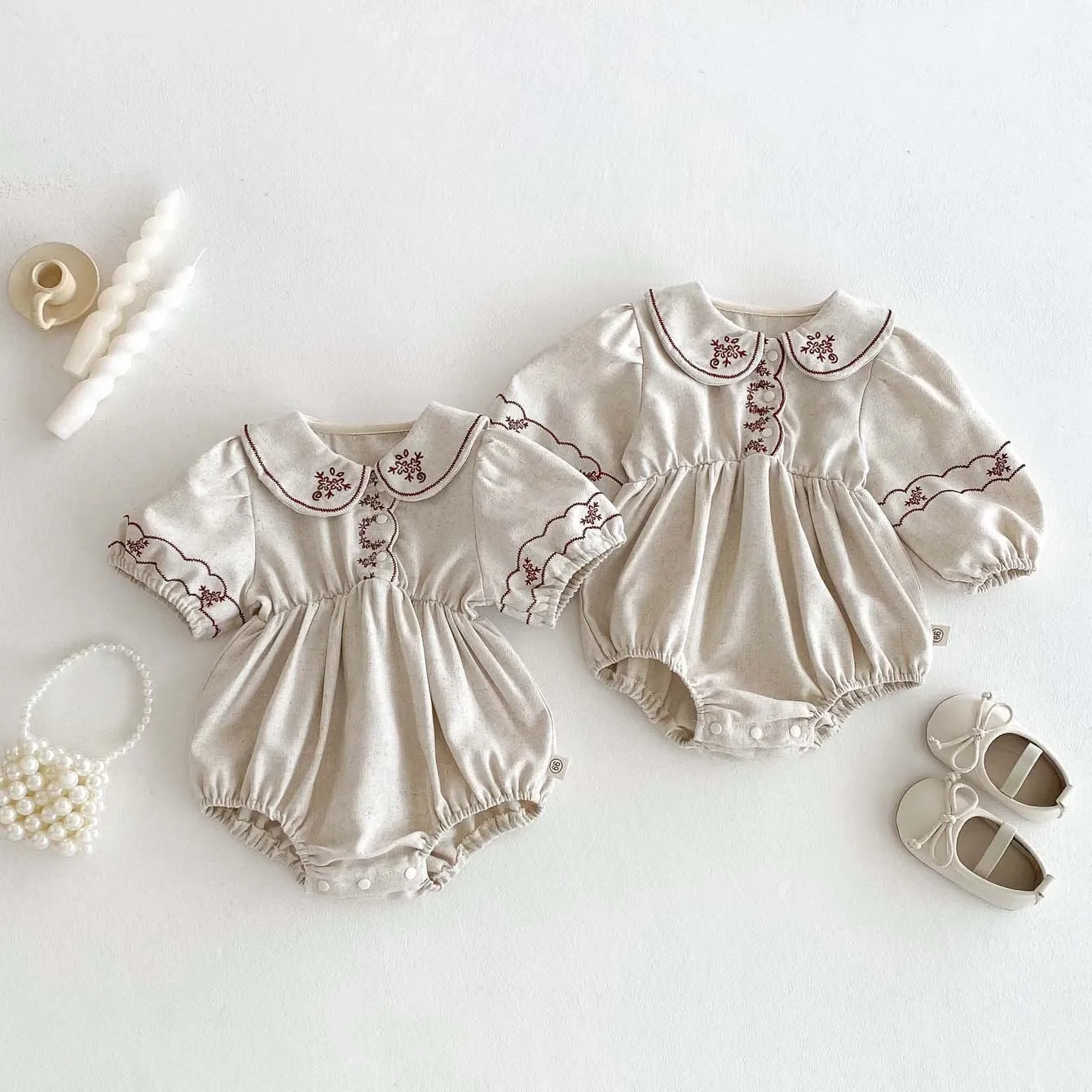 

Baby girl's summer Korean version cute doll collar embroidered bag fart clothes baby ins stylish lapel short sleeved jumpsuit