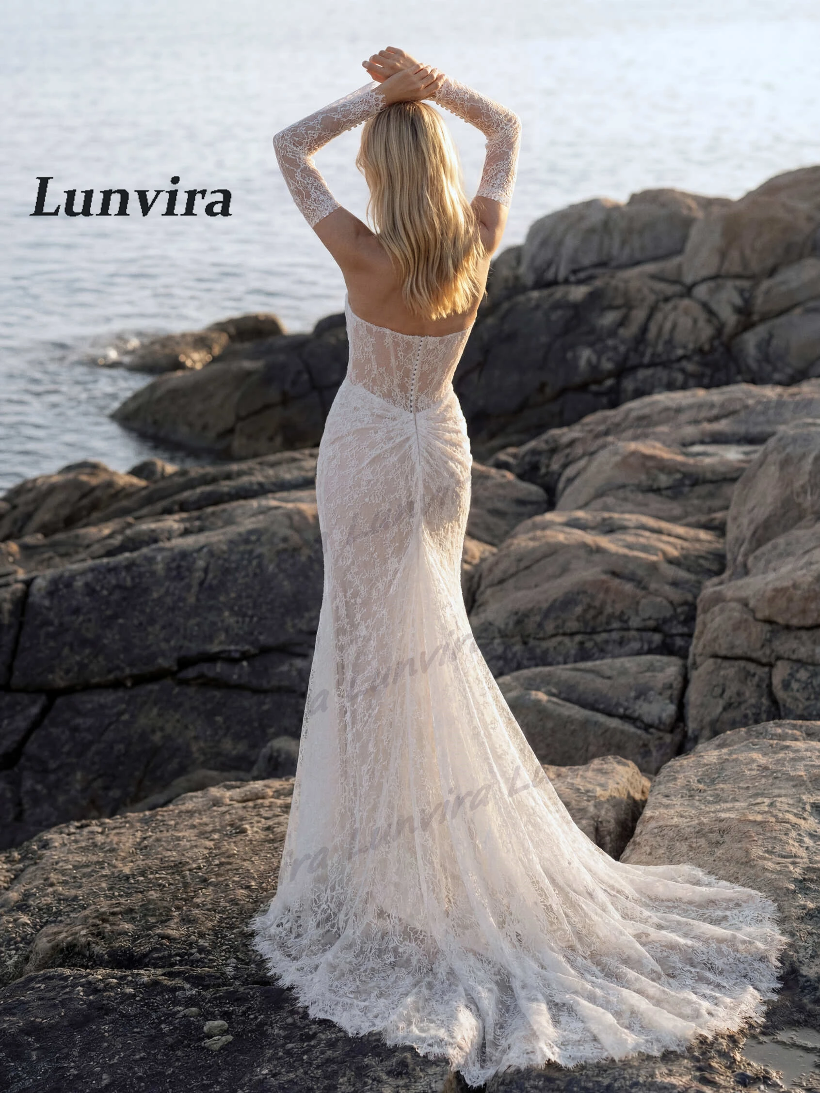 Lunvira Fashionable Strapless Bridal Dress Lace Appliques Three Quarter Sleeves Chapel Train Vestidos De Novia Customized