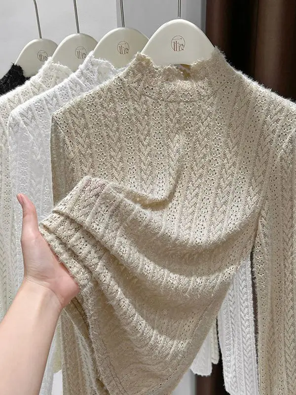 plus Size Lace Trim Mesh Base Shirt Women's Fashion Autumn Winter New Style Half High Collar Inner Long Sleeve T-Shirt Top