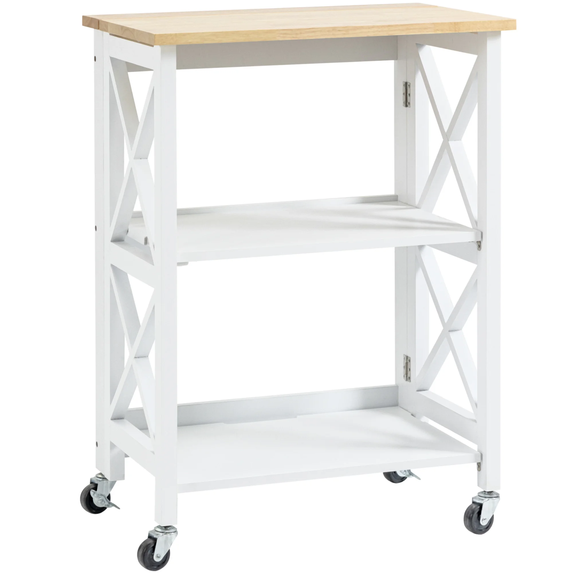 HOMCOM folding kitchen cart with wheels 2 level shelves 60x40x84cm White