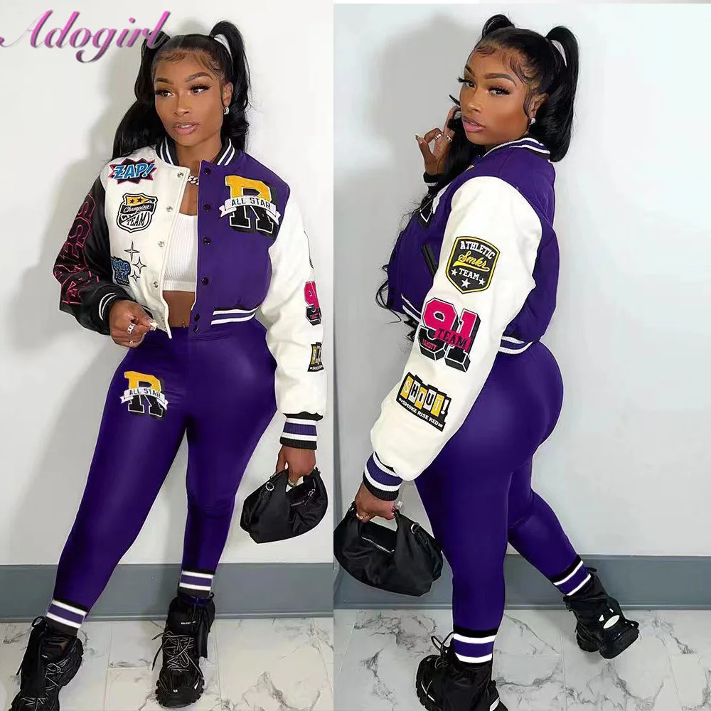 Letters Print Baseball Two Piece Set 2022 Autumn Tracksuits Women Color Patchwork Button Short Varsity Bomber Jacket Pants Suits