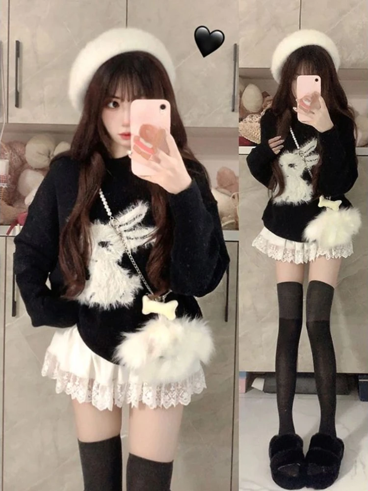 2023 Winter Elegant Sweet 2 Piece Set Korean Fashion Clothing Woman Kawaii Print Knitting Sweater + Casual Lace Y2k Mini Skirt