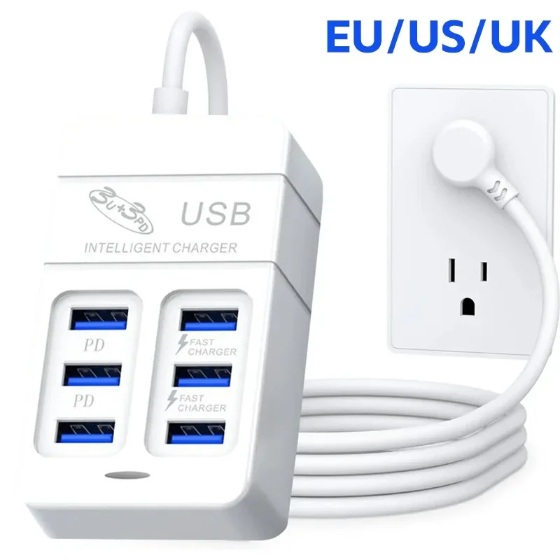 6 Ports Socket Outlet PD USB EU US UK Plug Travel Wall Charging PD Type-C Mobile Phone Fast Charge Phone Extension Socket Outlet