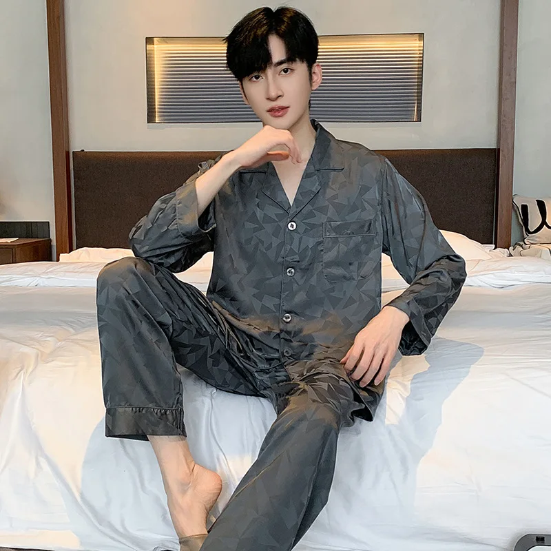 Fashion Pajamas Suit Men Spring Autumn Ice Silk Satin Sleepwear Thin Silk Spring Summer Youth Loungewear Suit Nightclothes Male