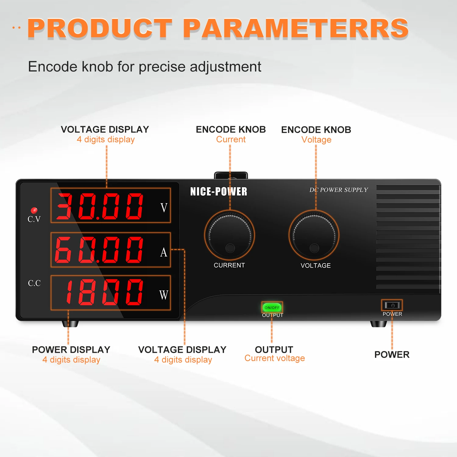 High Power Bench Power Supply 30V60A DC Lab Adjustable Regulated power supply With Output Switch RS232 Software Control 100V200V