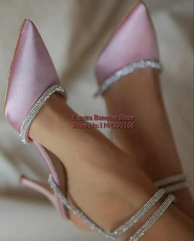 Rhinestone Trim Ankle Wrap Pointed toe Women Pumps Pink Satin Cover Heels Hollow Lace Up Dress Shoes