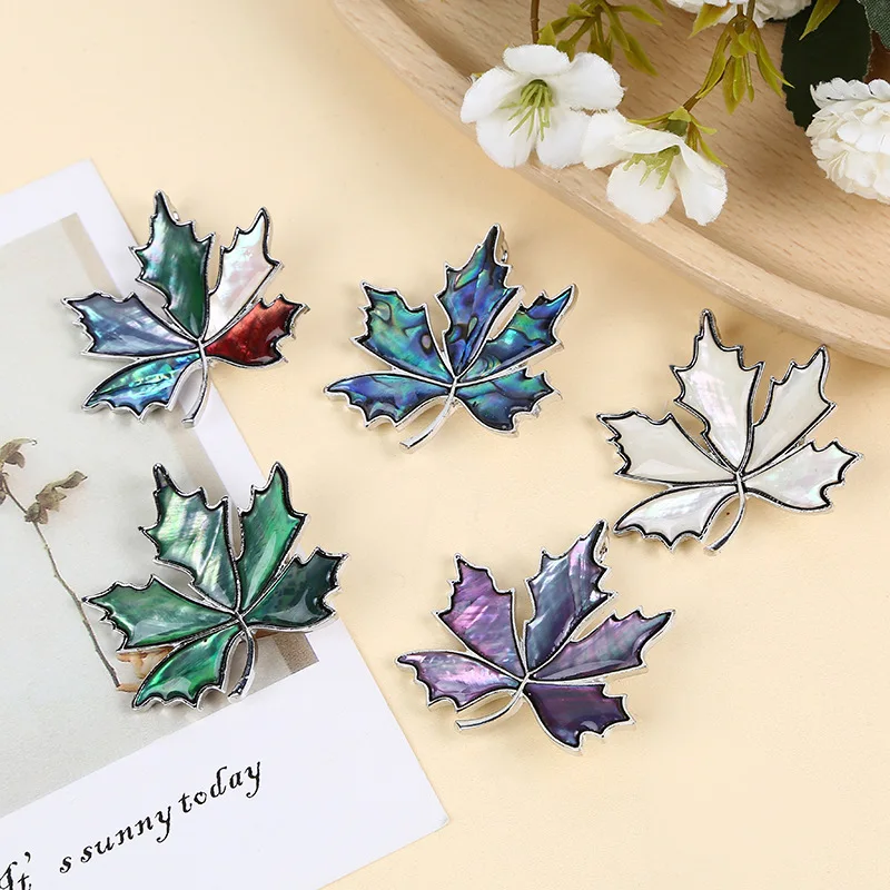 Manufacturer direct sales creative cartoon shell maple leaf DIY inlaid abalone shell mixed color brooch pendant dual-use