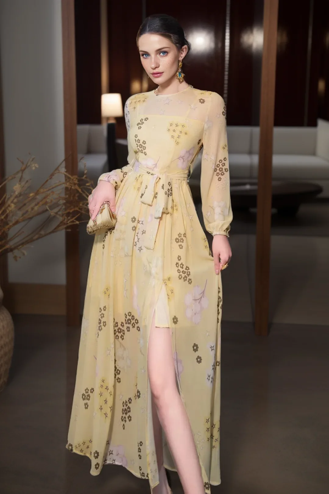 

SEQINYY Elegant Midi Dress Summer Spring New Fashion Design Women Runway Vintage Yellow Flower Print Spliced Chiffon Belt