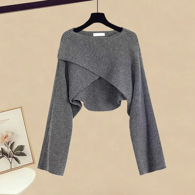 2024 Kobiety Jesień Zima Nowy Vintage Sweter z dzianiny + Spódnica z kowbojskim paskiem 2-częściowy garnitur Koreańska elegancka bluza z kapturem +