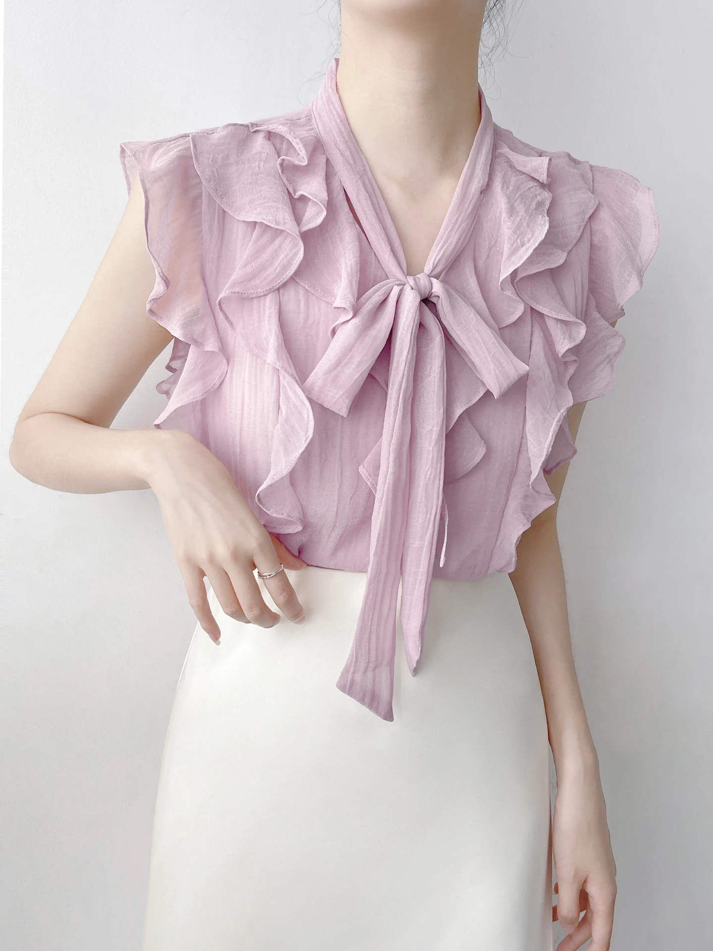 

Новая летняя женская блузка из шифона в корейском стиле с узлом, фиолетовая, с оборками, дышащая, повседневная одежда