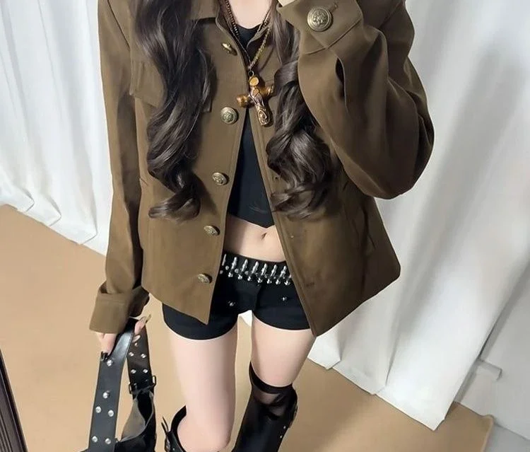 

2025 Autumn New Retro Style Design Brown Jacket with Collar and Workwear Style Jacket