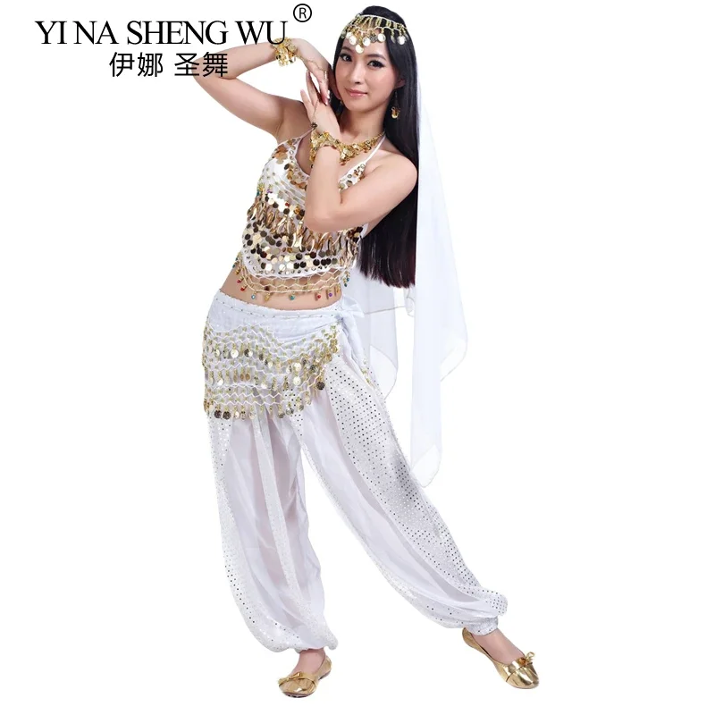 

Новый комплект для восточных танцев, 5 предметов: топ, брюки, пояс, вуаль, цепочка на голову. Костюм для взрослых для индийских и болливудских танцев, тренировок и выступлений.