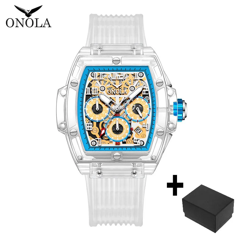 ONOLA-Relógio de quartzo masculino, relógio de pulso impermeável, caixa transparente acrílica, data automática, moda casual, marca