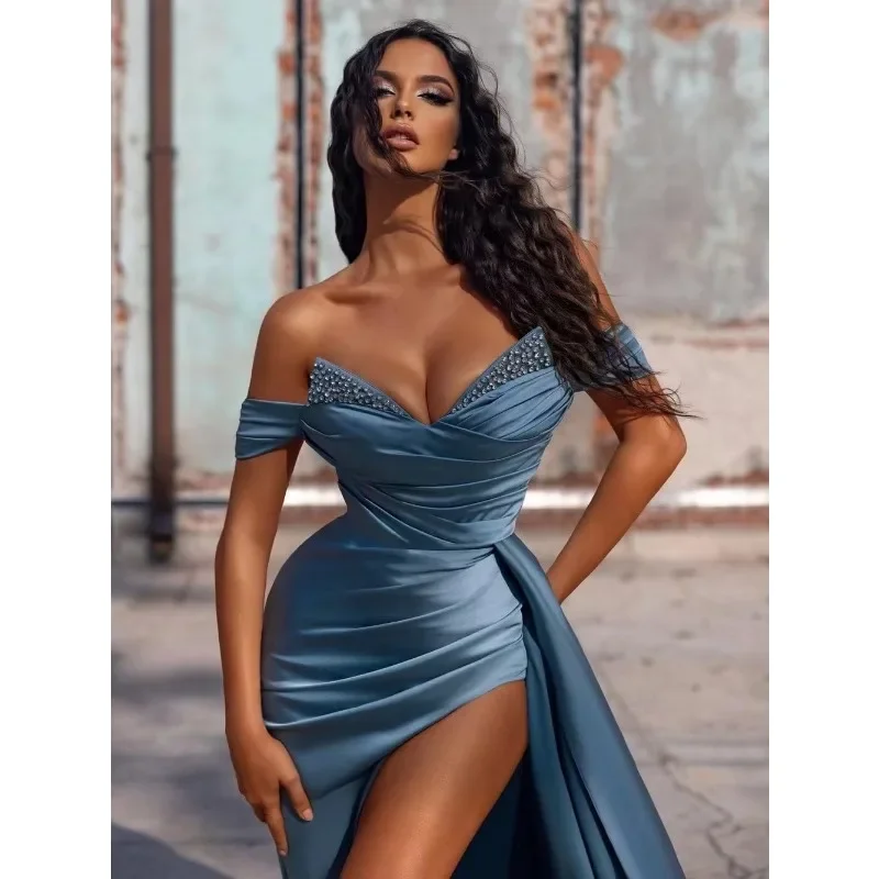 Wakuta-vestido de fiesta de satén con hombros descubiertos, vestido de noche Formal brillante con diamantes de imitación de sirena, abiti, elegante, con abertura