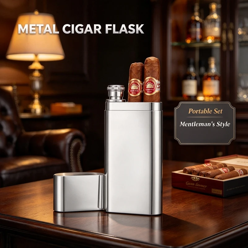 Stainless Steel Cigar Moisturizing Tube Built-in Wine Flask Leakproof Portable Humidor Container Daily Travel Cigar Enthusiasts