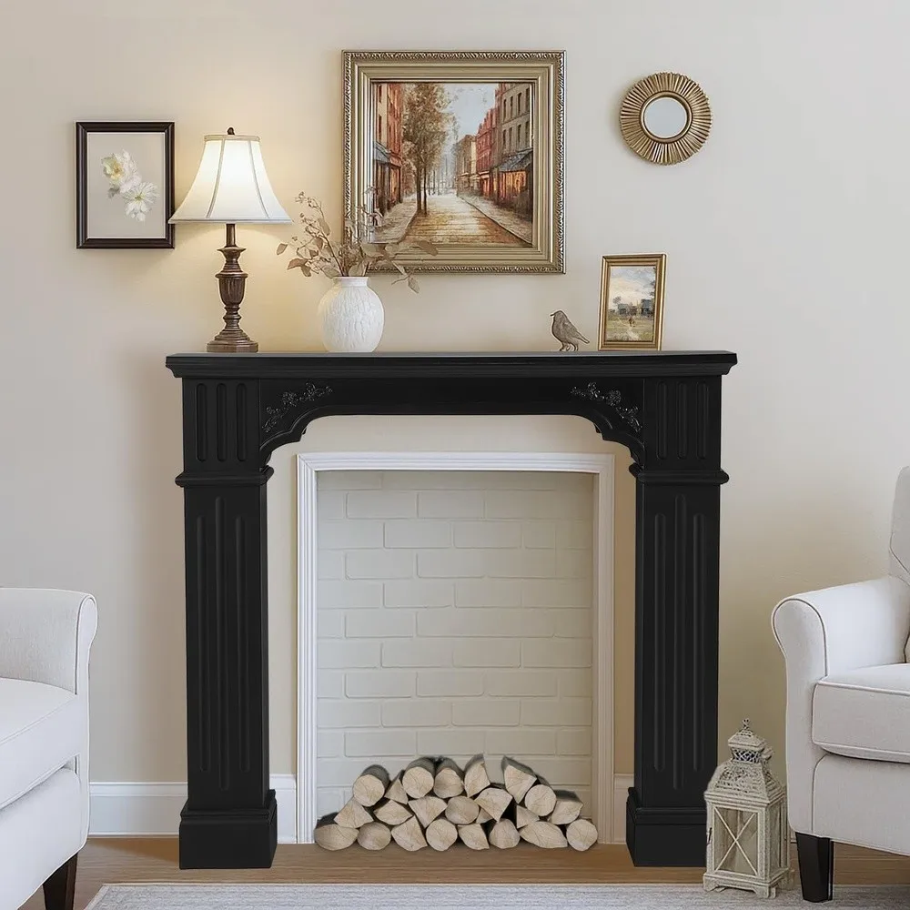 Modern Black Freestanding Fireplace Mantel Surround – Waterproof Anti Tipping Premium MDF Mantel with Leg for Living