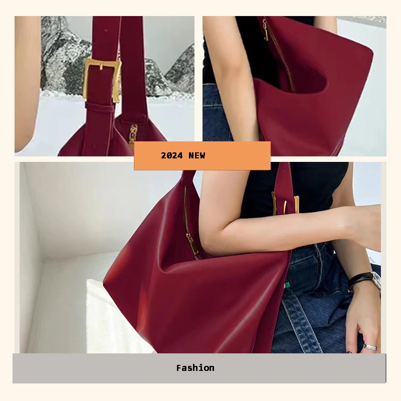 Red Tote Bag 2024 Luxury Large Capacity Soft Leather Crossbody Bag Commuter Bag Women\'s Portable One Shoulder Underarm Bag