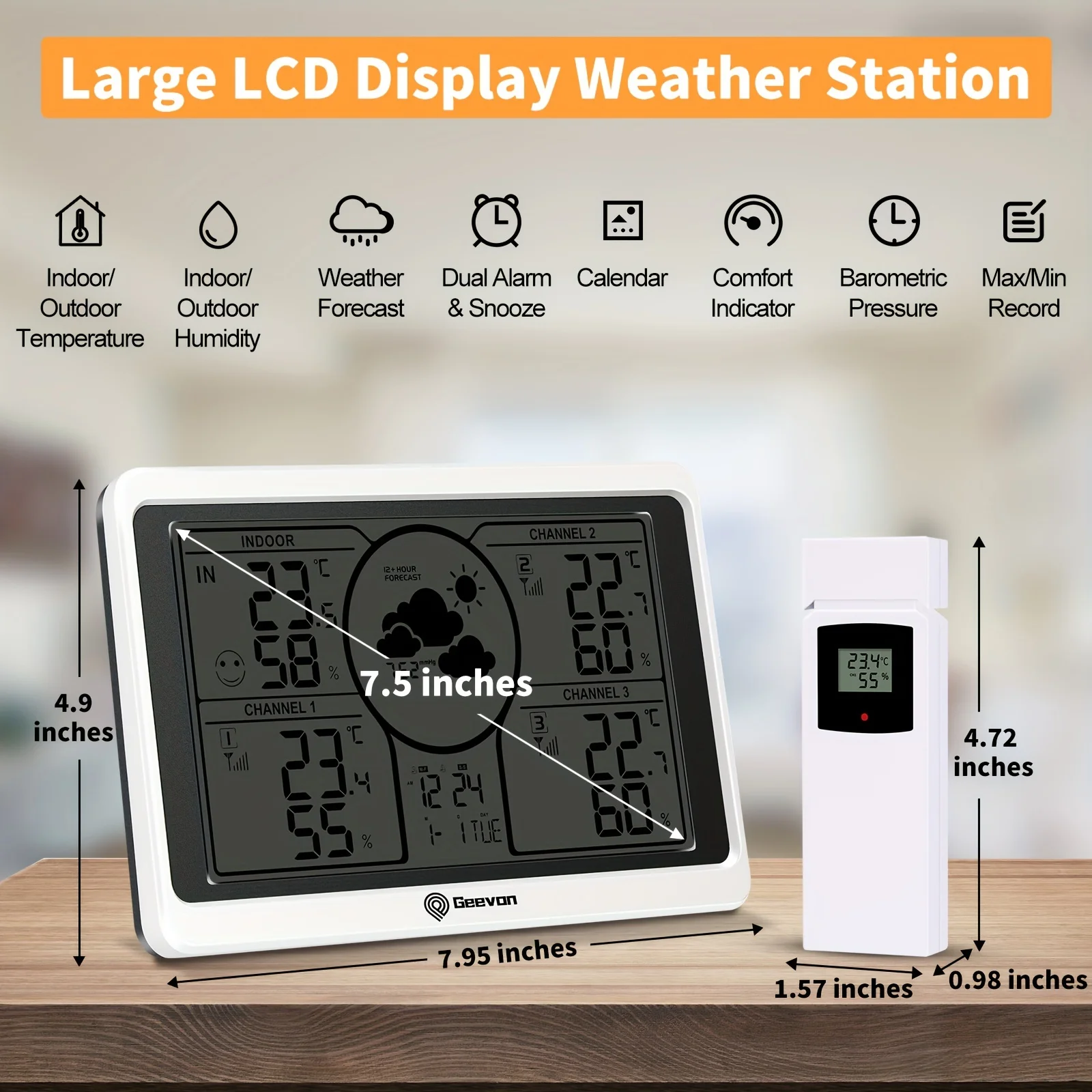 Geevon Indoor Outdoor Thermometer Wireless With 3 Remote Sensors, Weather Station with Large LCD Display and DIY Label Stickers