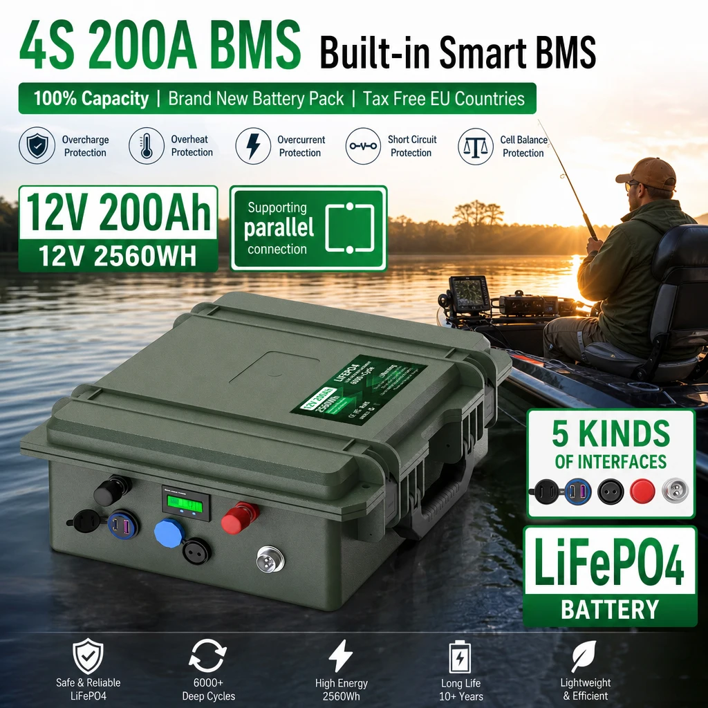 Batterie LiFePO4 12V 200Ah Grade A avec BMS Bluetooth, 6000+ cycles, 2560Wh, USB QC PD, IP56, pour bateau, pêche, moteur hors-bord marin, stock UE PL