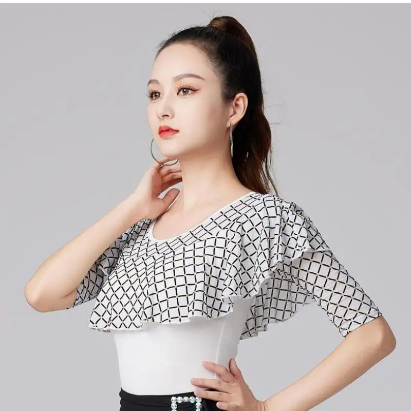 Mesh Patchwork Latin Dance Wear Women Tops Practice Woman Solid Color Costume Samba Sports Rhinestones Ruffle Belly T-shirt 4XL