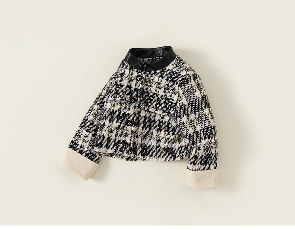 2024 Girls Autumn Baby Girl Jacket Short Trendy Cardigan Top Plaid Casual Comfortable All-match Stand Collar New Style