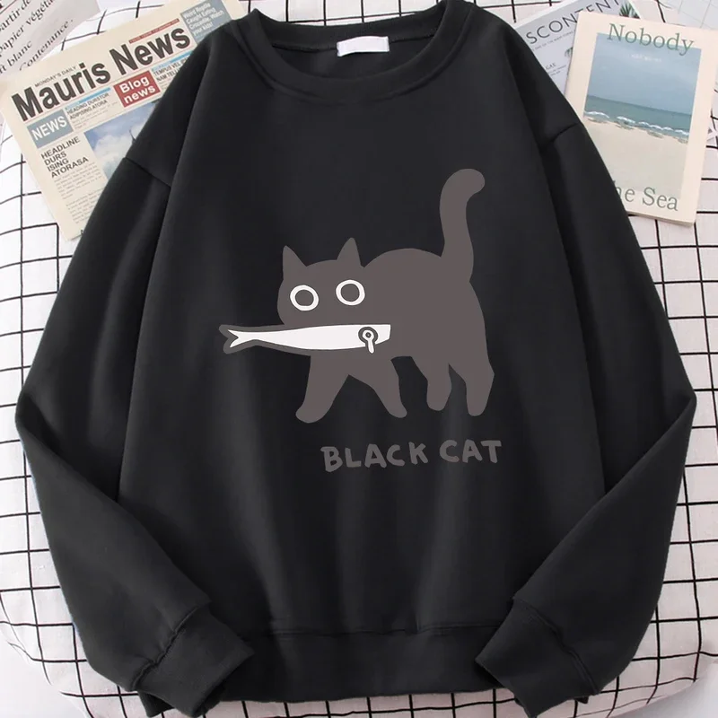 

Fun A Black Cat Eating Fish Cute Print Cartoons Hoodies Men Women Oversize Warm Sweatshirt Casual Clothes Fleece Pullover Hoody