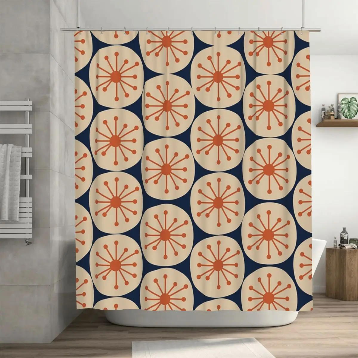 Atomic Retro Dots Midcentury Modern Pattern Shower Curtain Bathroom Polyester Waterproof Bath Curtains with Hooks