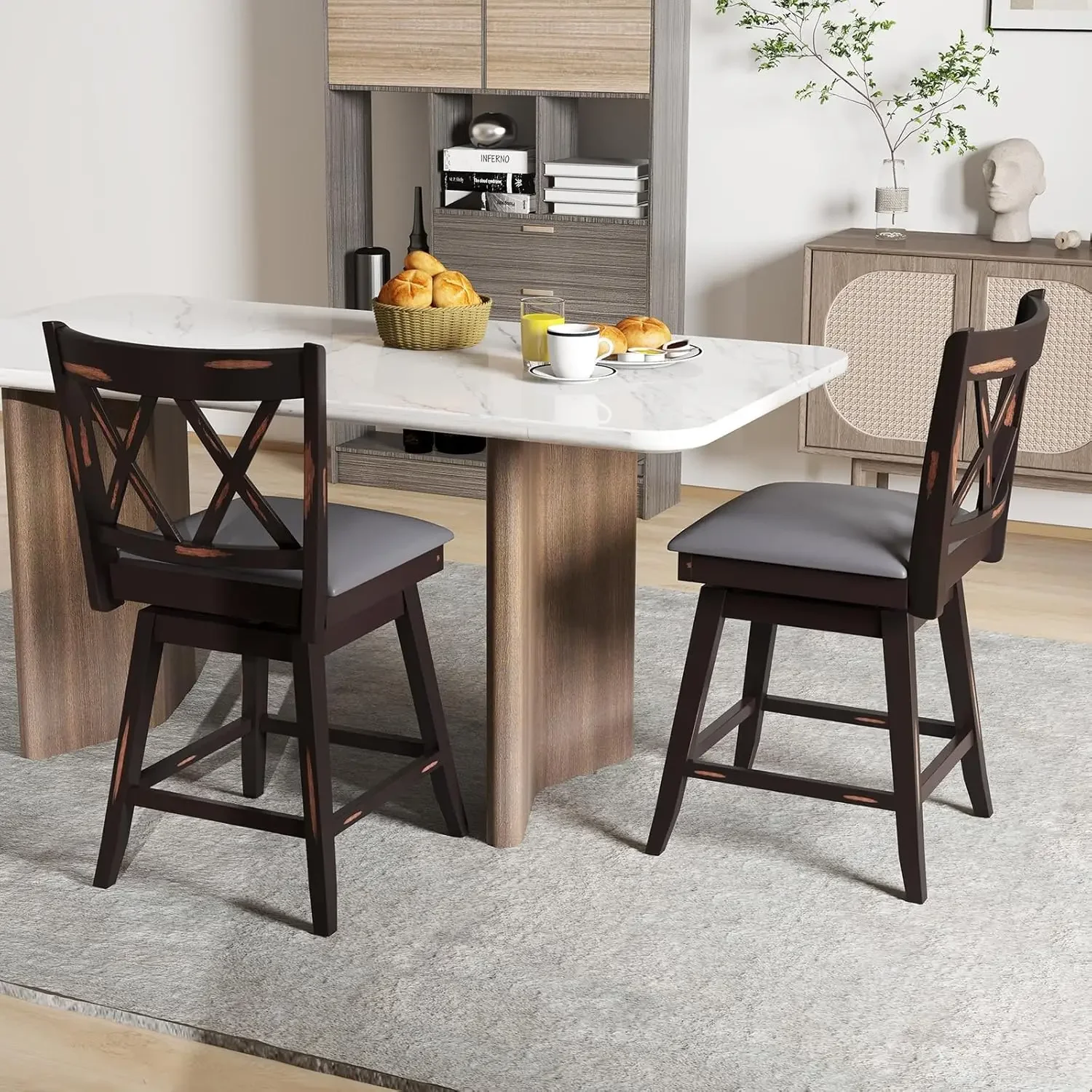 Bar Stool Set of 4 for Kitchen Island25" CounterHeight ChairwithErgonomicBackrestWaterproof PVC Surface & Solid Wood Structure,