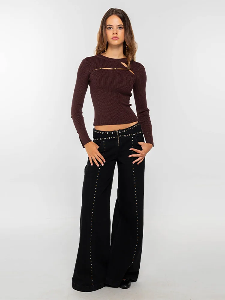 Frauen Coole Nieten Niedrige Taille Schwarze Jeans Mode Bodenlangen Breite Bein Hosen Chic Vielseitige Hose 2025, Neue Dame Pendeln Kleidung – Detail 2