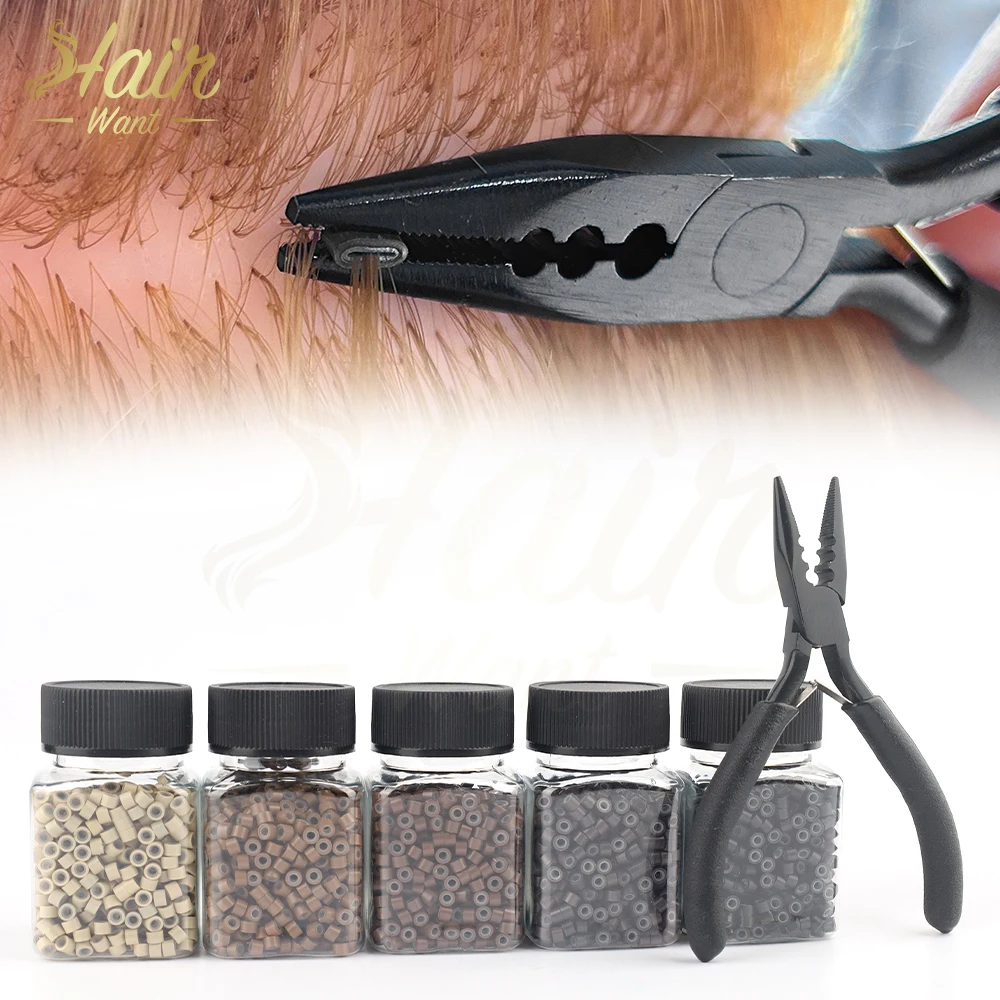 Hair Want 4.0mm Silicone Lined Aluminum Micro Links Rings Beads With 3 Holes Pliers for I Tip Hair Extensions Tools