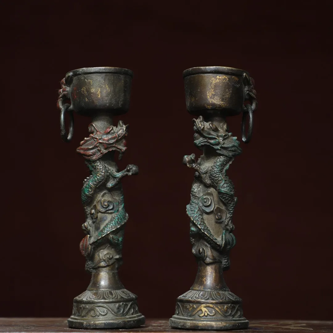 

9"Tibetan Temple Collection Old Bronze Gilded Cinnabar Dragon statue wax platform A Pair Candlestick Amass wealth Ornaments