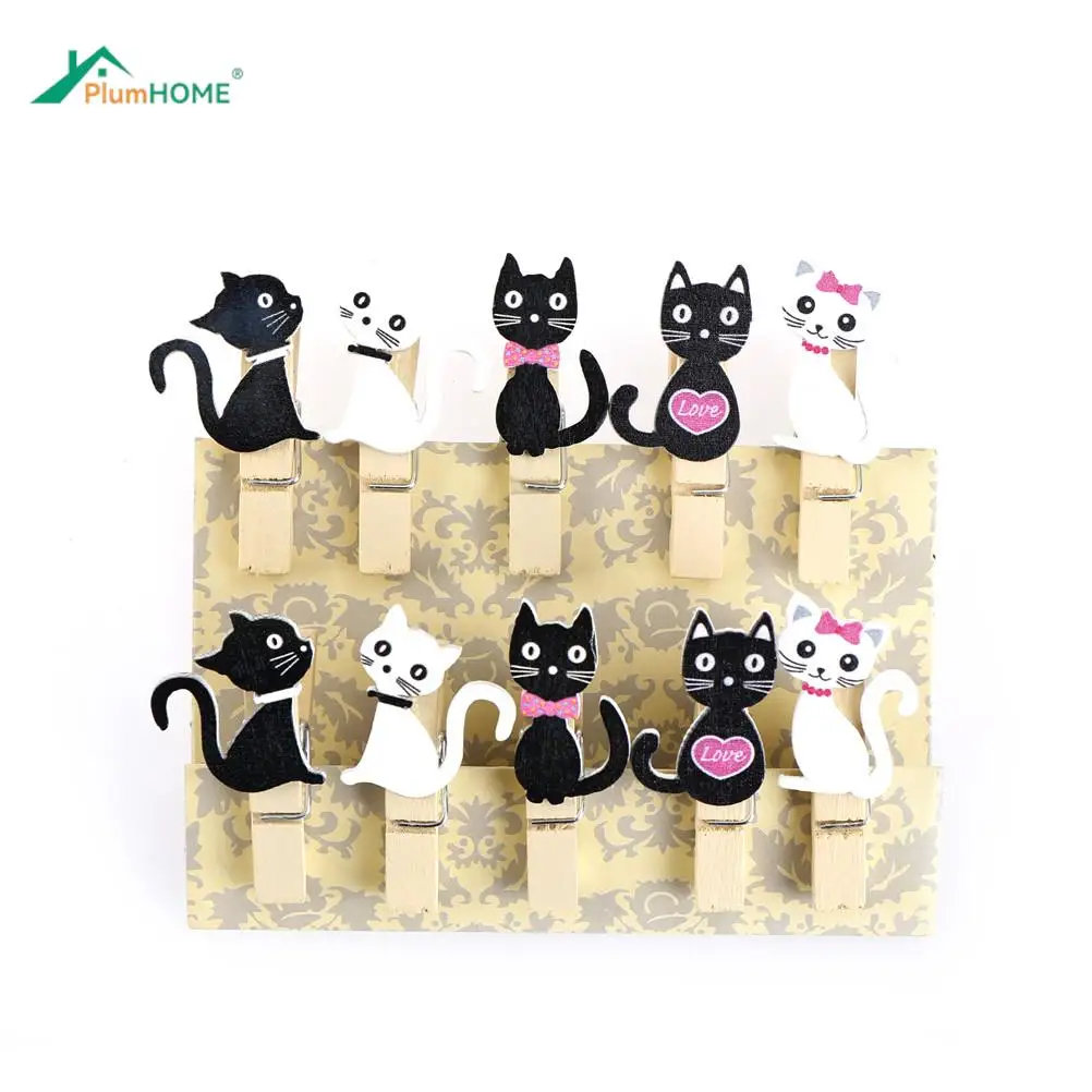 10pcs Kawaii Wood Paper Clip For Bag Japanese Cat Wooden Clips With Hemp Rope Mini Nice Food Clip