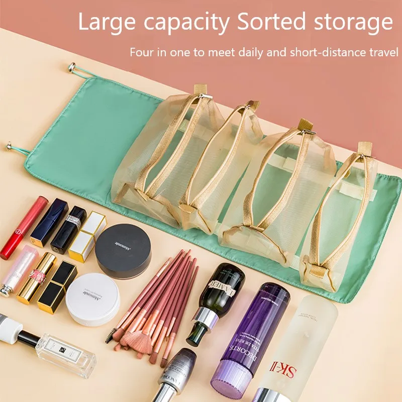 4Pcs In 1 Detachable Makeup Bag Women Zipper Mesh Large Capacity Cosmetics Pouch Foldable Portable Travel Wash Storage Bag