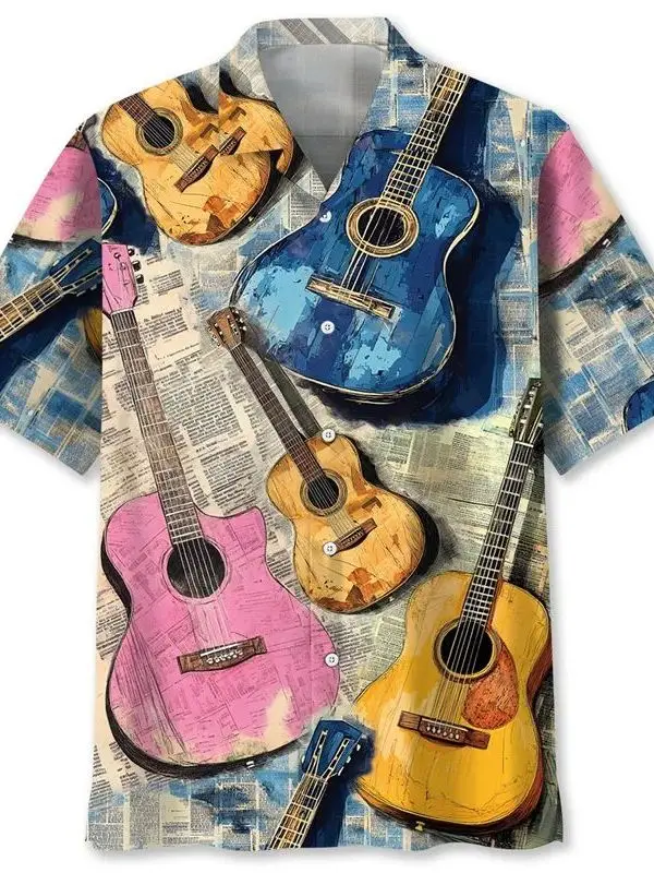 

Loose Short Sleeve 3D Guitar Printed Shirt Fashion Urban Style Polyester Fabric V-Neck Men's Casual Shirt Micro Stretch