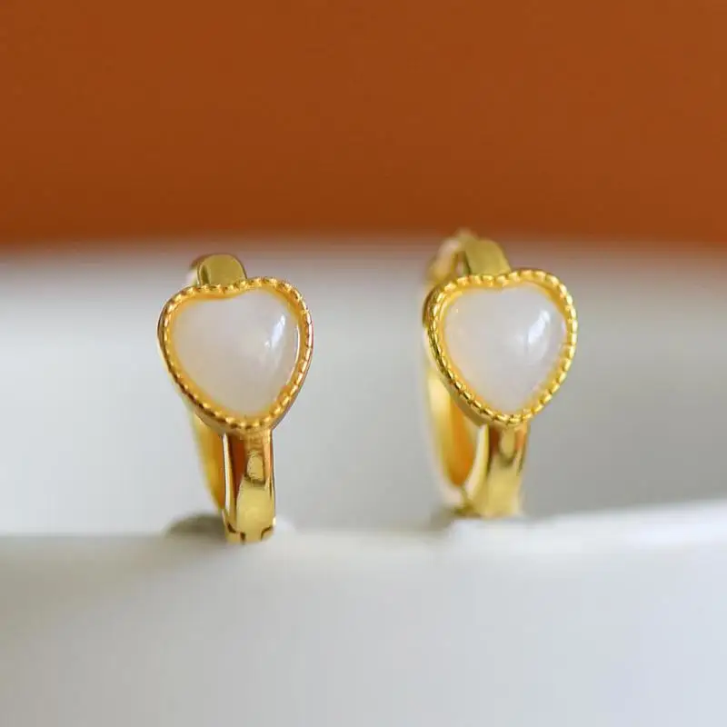 Genuine China Nephrite Stone White Hetian Jade 925 Silver Heart Love Stud Earrings Women Certified Jewelry Girlfriend Mom Gifts