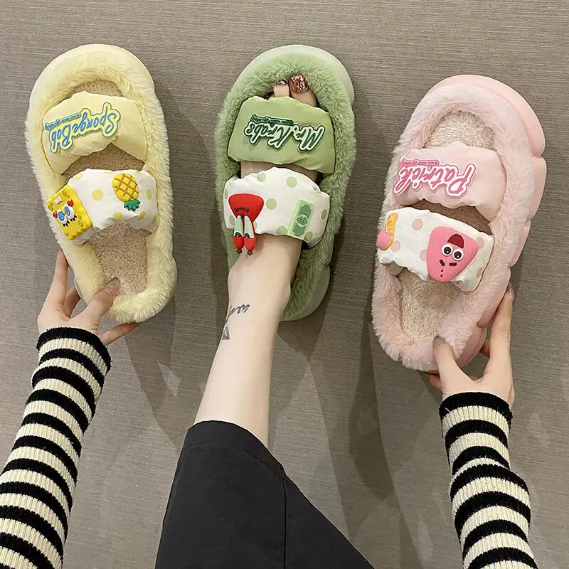 Winter nieuwe pluche katoenen pantoffels voor meisjes Cartoon schattig huis dikke bodem pluche pantoffels comfortabel en zoet om buitenbanken te dragen